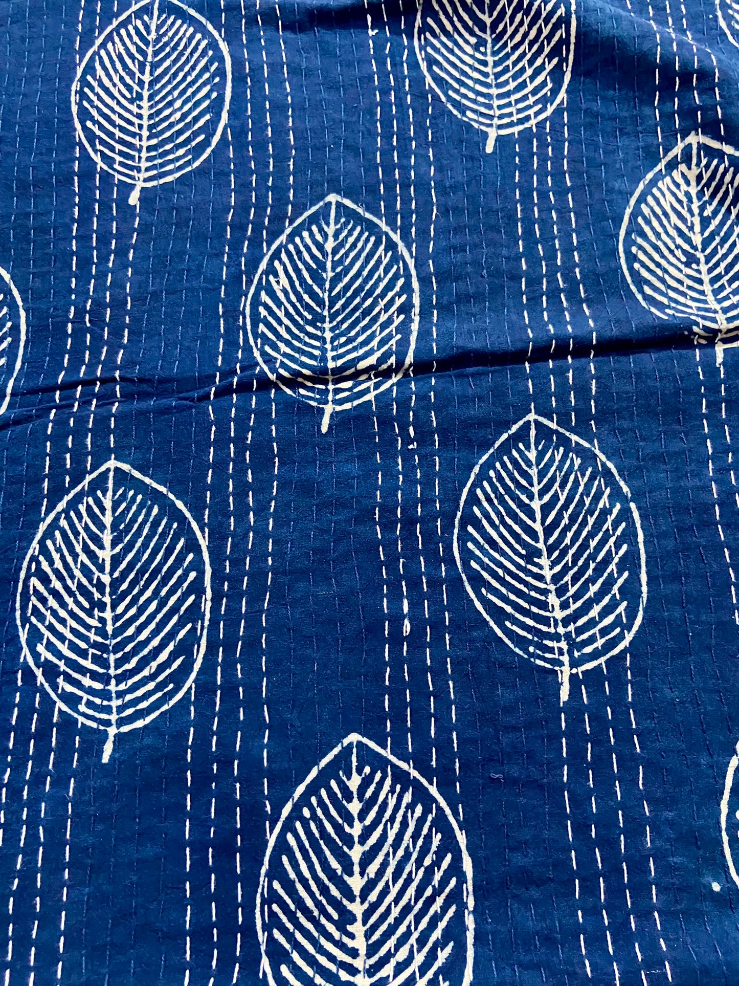 The Leaf Indigo Cotton Queen Kantha Quilt