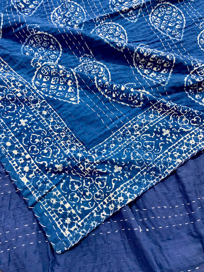Indigo Queen Kantha Quilt Hand Block Printed