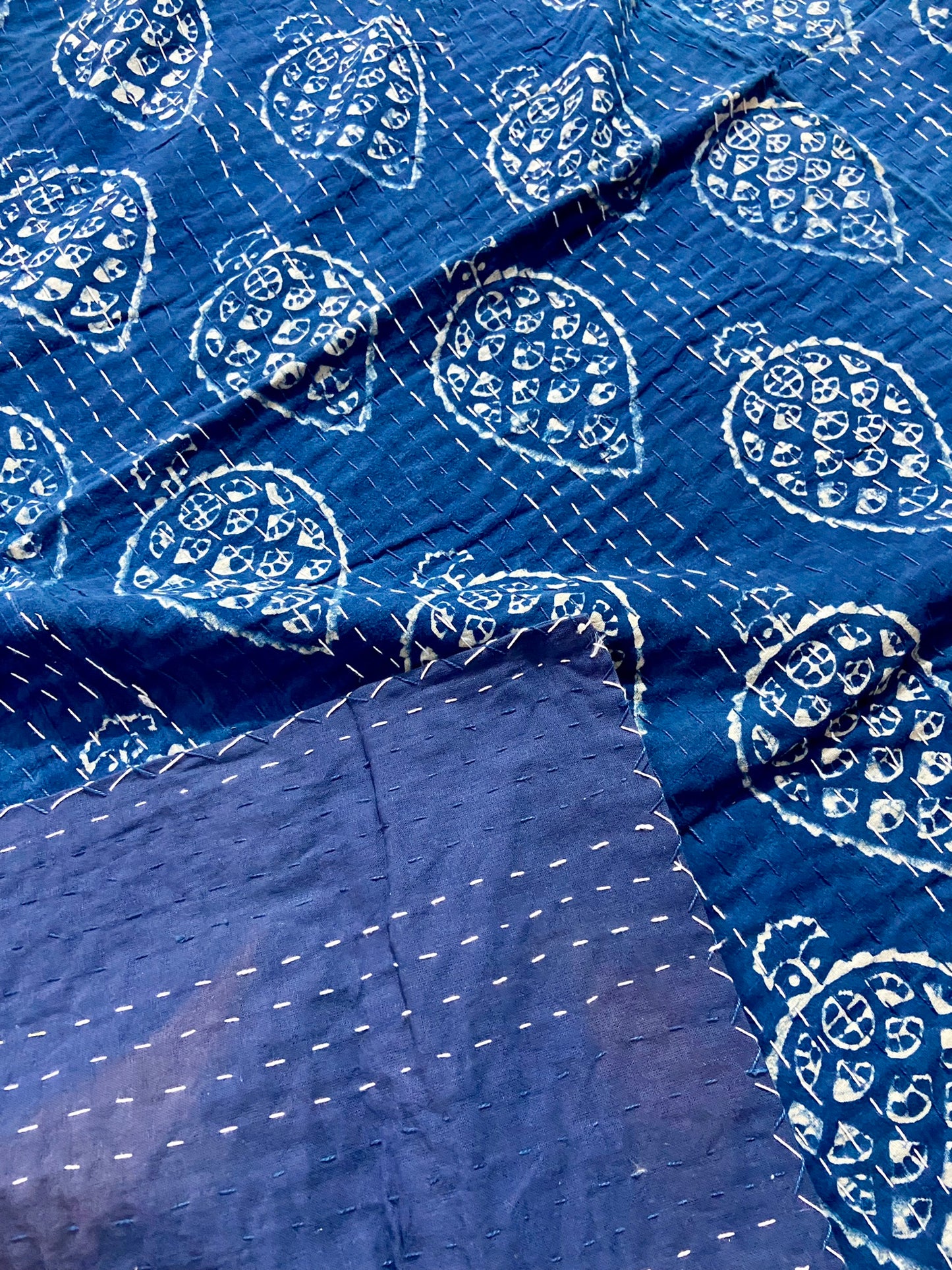 Indigo Queen Kantha Quilt Hand Block Printed