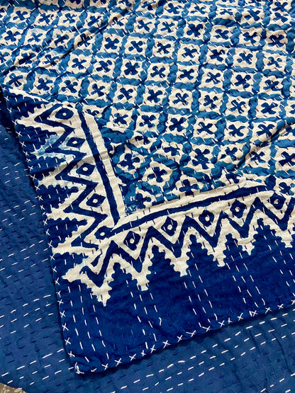 Hand Block Printed Cotton Indigo Queen Kantha Bedspread