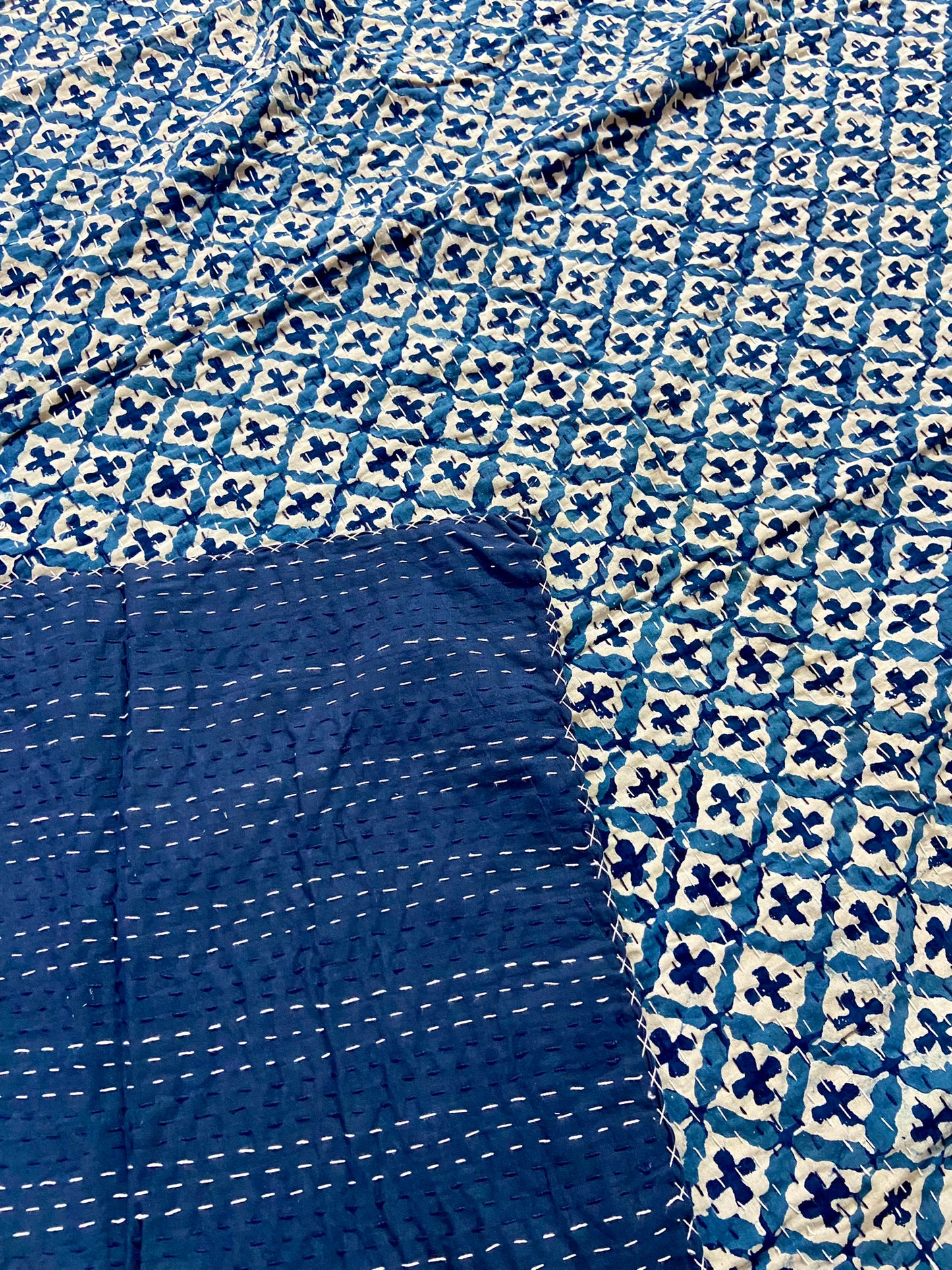 Hand Block Printed Cotton Indigo Queen Kantha Bedspread