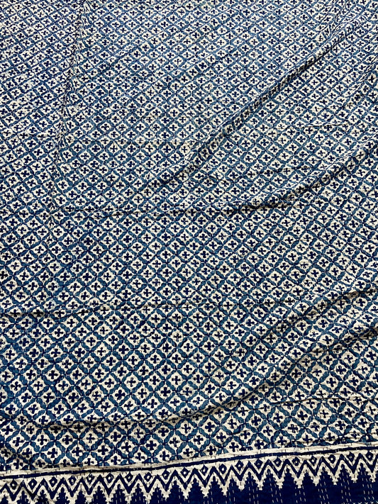 Hand Block Printed Cotton Indigo Queen Kantha Bedspread