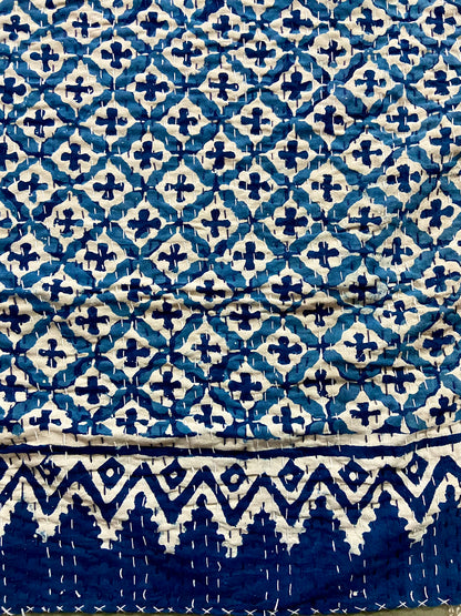Hand Block Printed Cotton Indigo Queen Kantha Bedspread