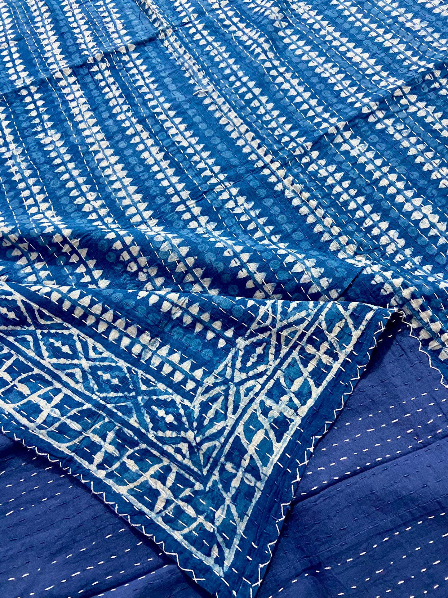 Geometric Indigo Cotton Kantha Quilt