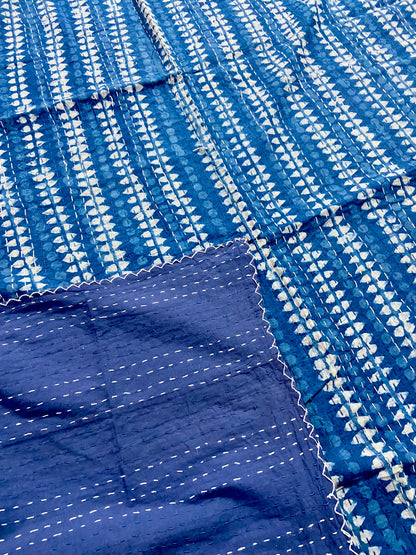 Geometric Indigo Cotton Kantha Quilt