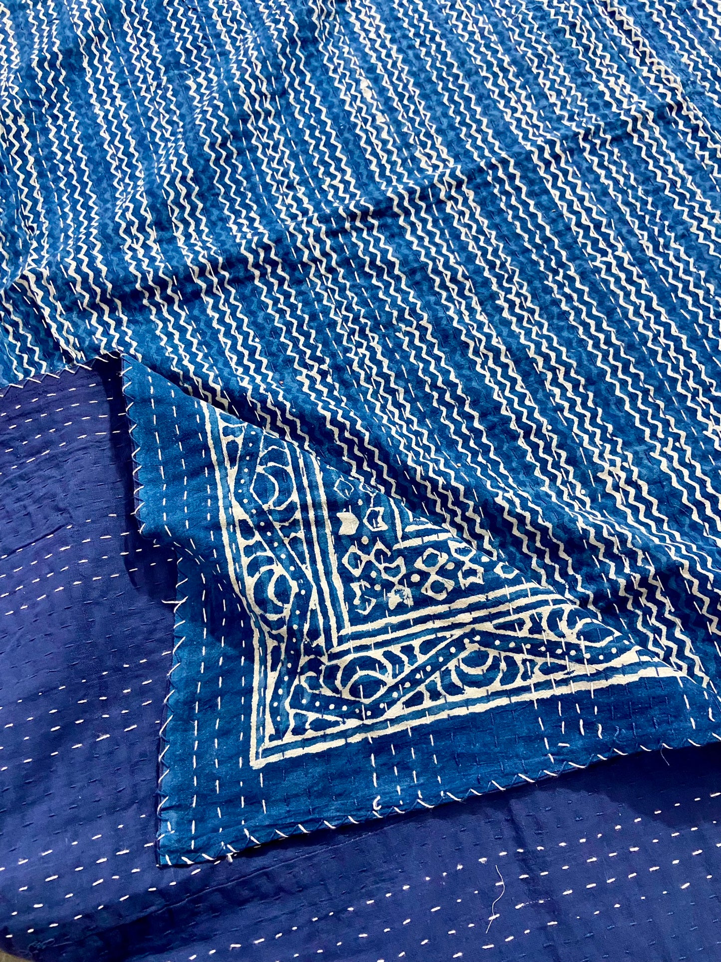 Geometric Indigo Cotton Kantha Quilt