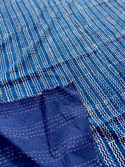 Geometric Indigo Cotton Kantha Quilt