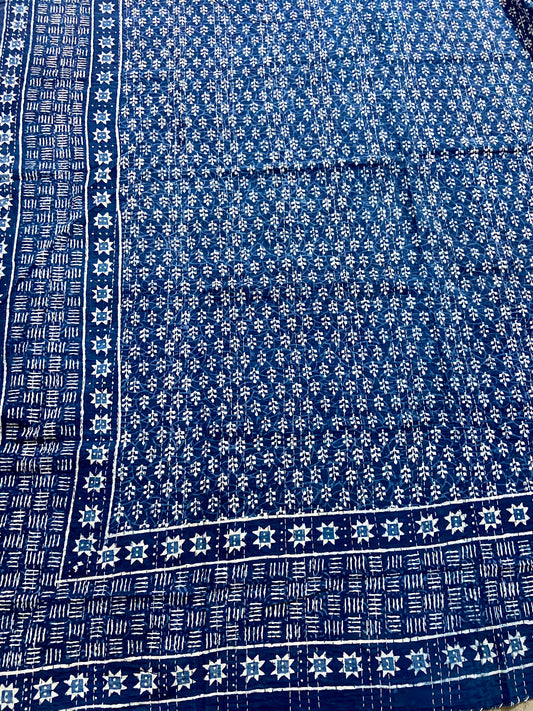The Stars Indigo Kantha Quilt - Hand-Block Printed