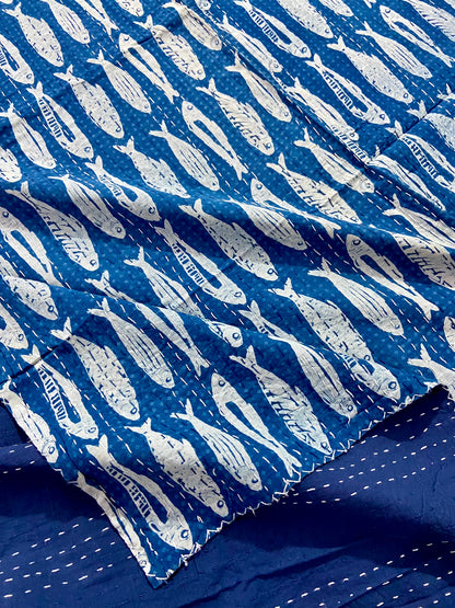 Fish Print Indigo Kantha Quilt