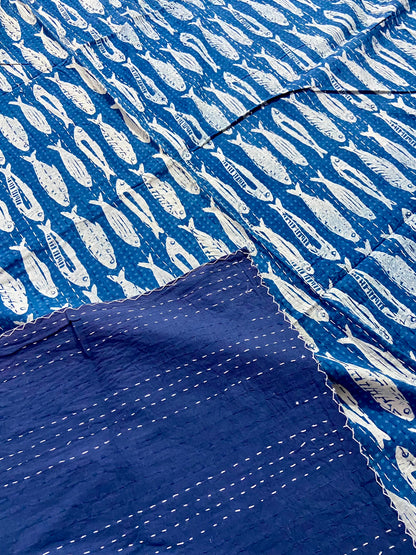 Fish Print Indigo Kantha Quilt