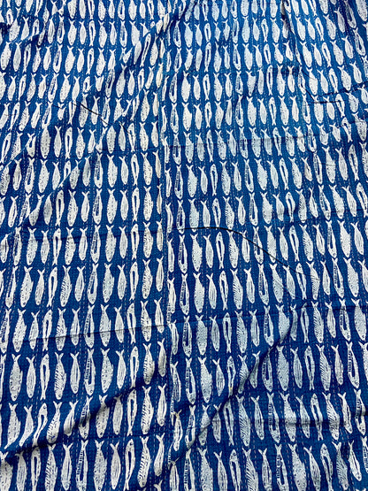 Fish Print Indigo Kantha Quilt