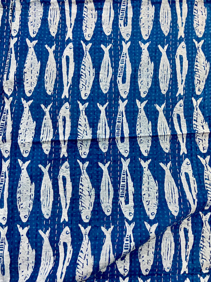 Fish Print Indigo Kantha Quilt