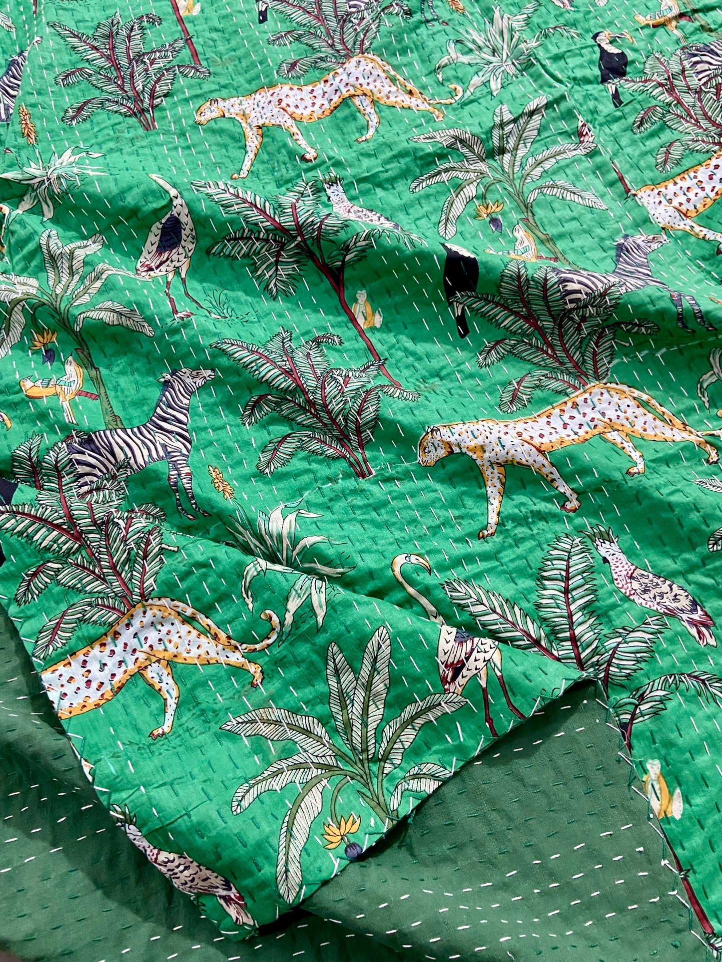 Green Jungle Safari Animal Kantha Quilt Handmade Indian Kantha Bedspread Throw