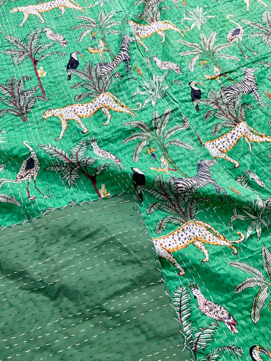 Green Jungle Safari Animal Kantha Quilt Handmade Indian Kantha Bedspread Throw