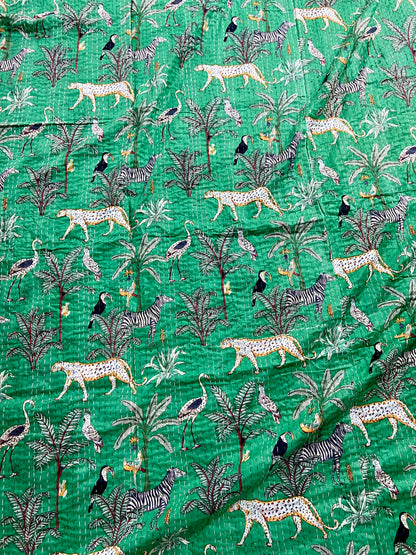 Green Jungle Safari Animal Kantha Quilt Handmade Indian Kantha Bedspread Throw
