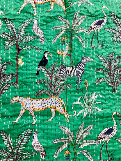 Green Jungle Safari Animal Kantha Quilt Handmade Indian Kantha Bedspread Throw