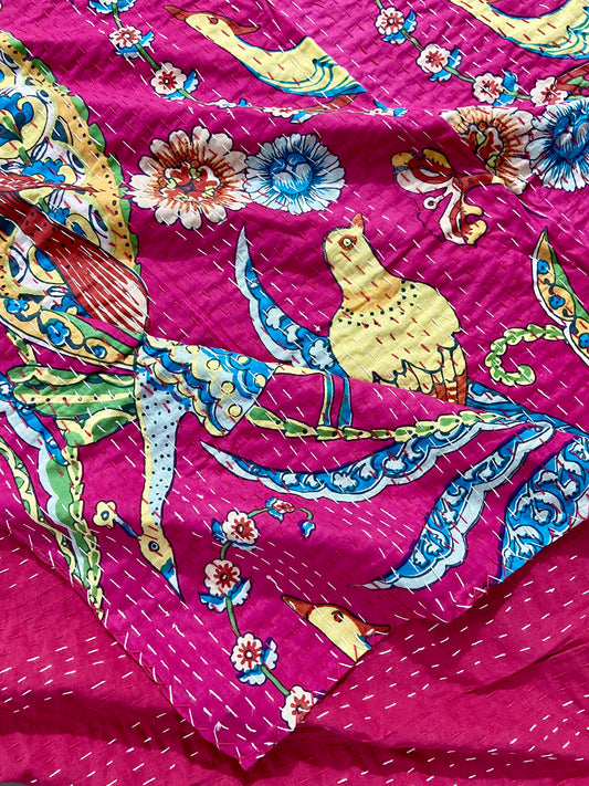 Peacock Birds Kantha Bedcover - Pink