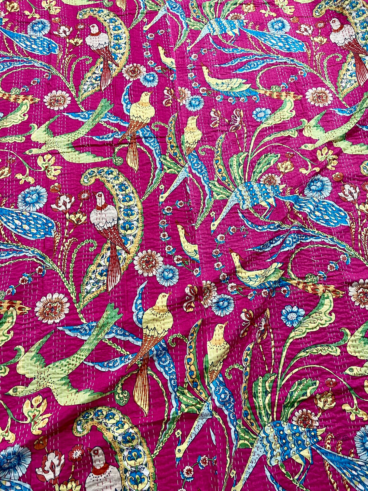 Peacock Birds Kantha Bedcover - Pink