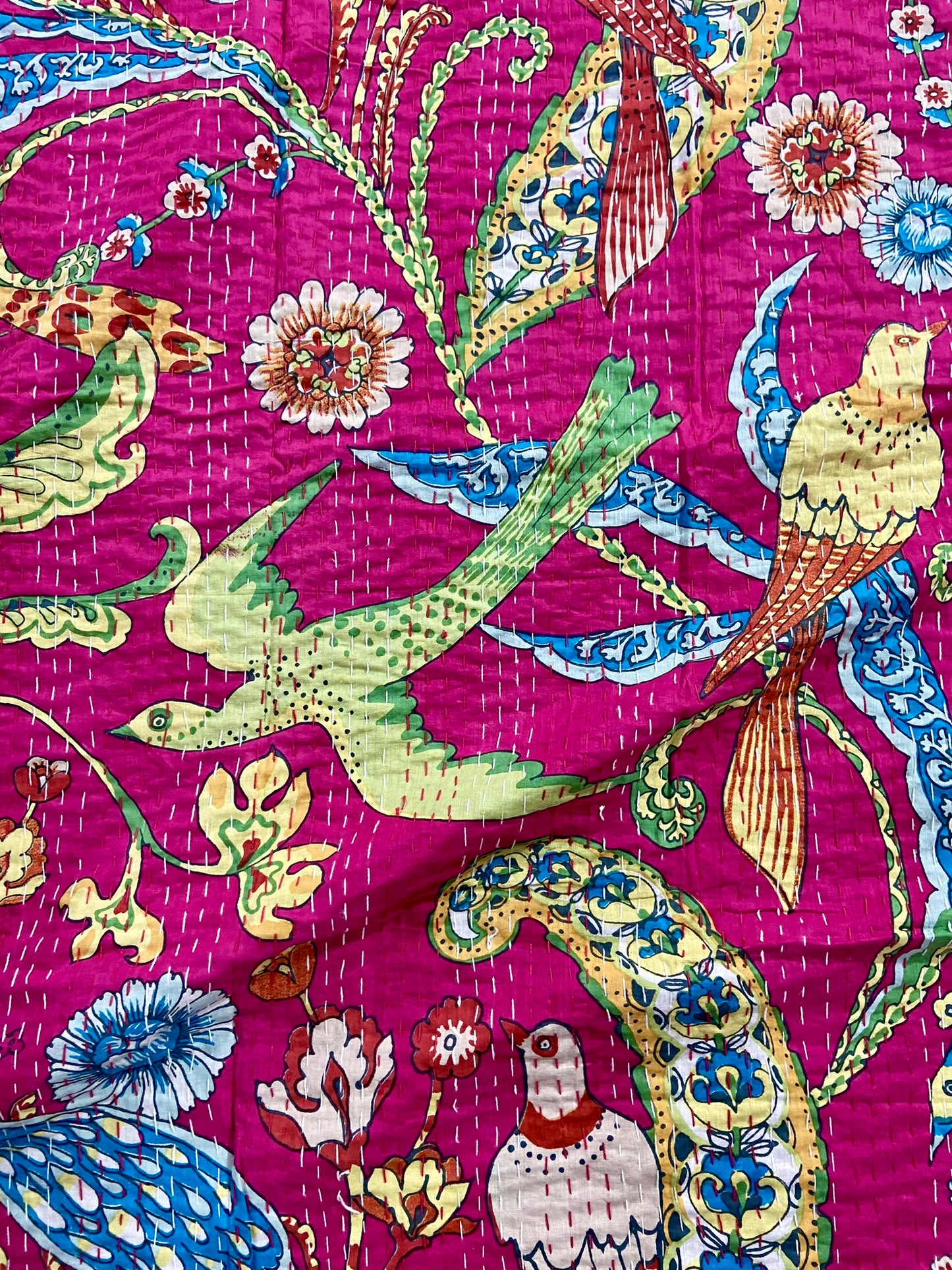 Peacock Birds Kantha Bedcover - Pink