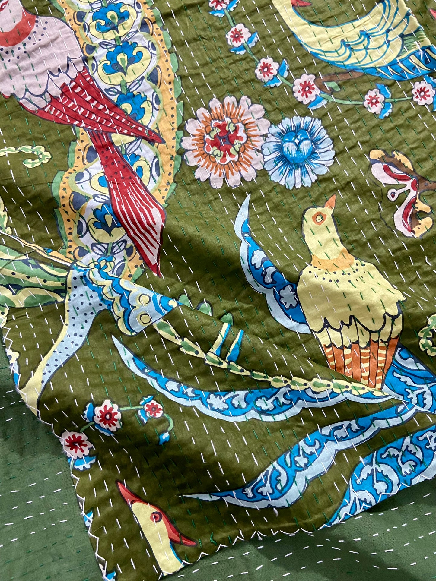 Henna Green Peacock Birds Kantha Bedcover