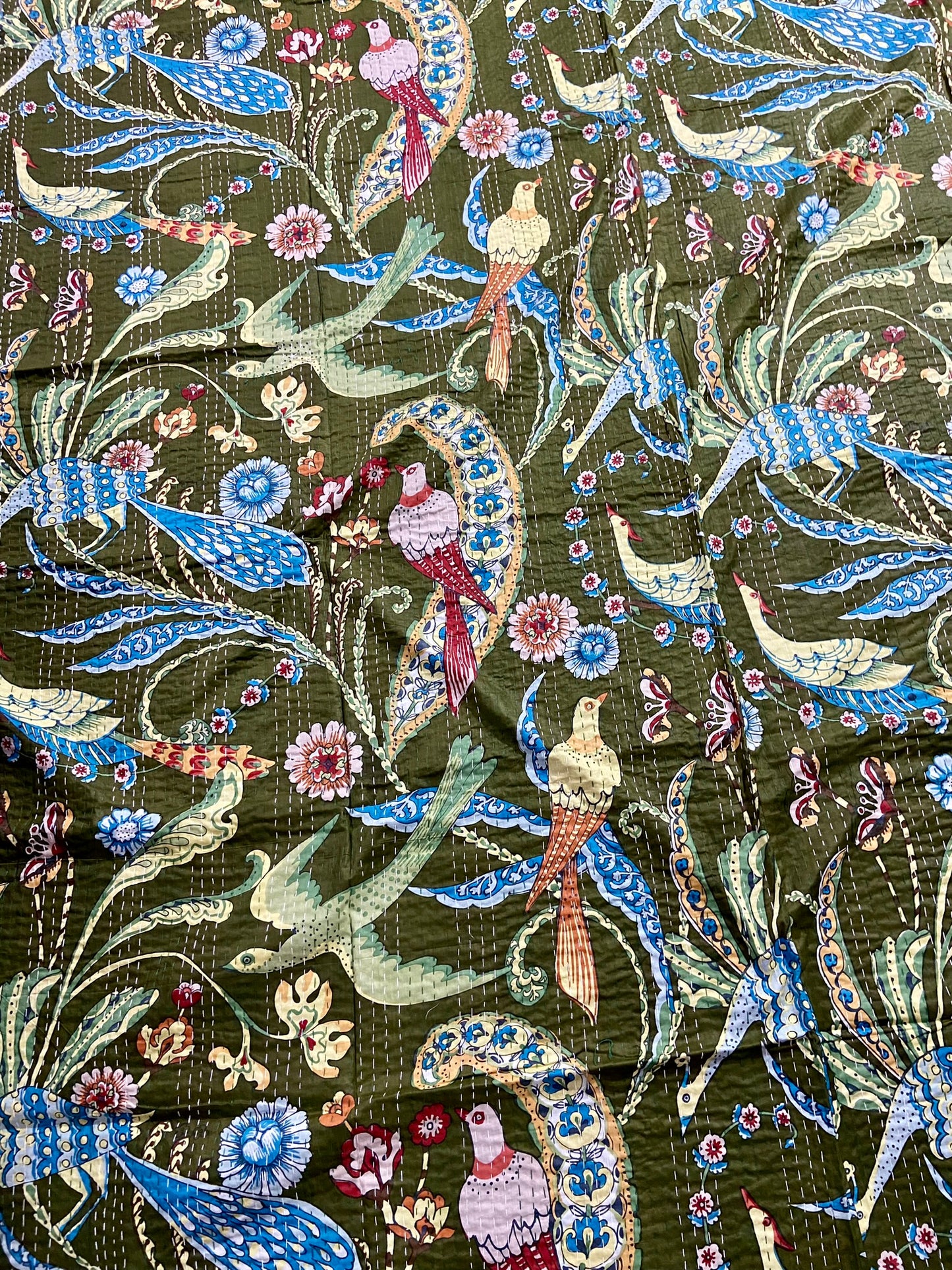 Henna Green Peacock Birds Kantha Bedcover