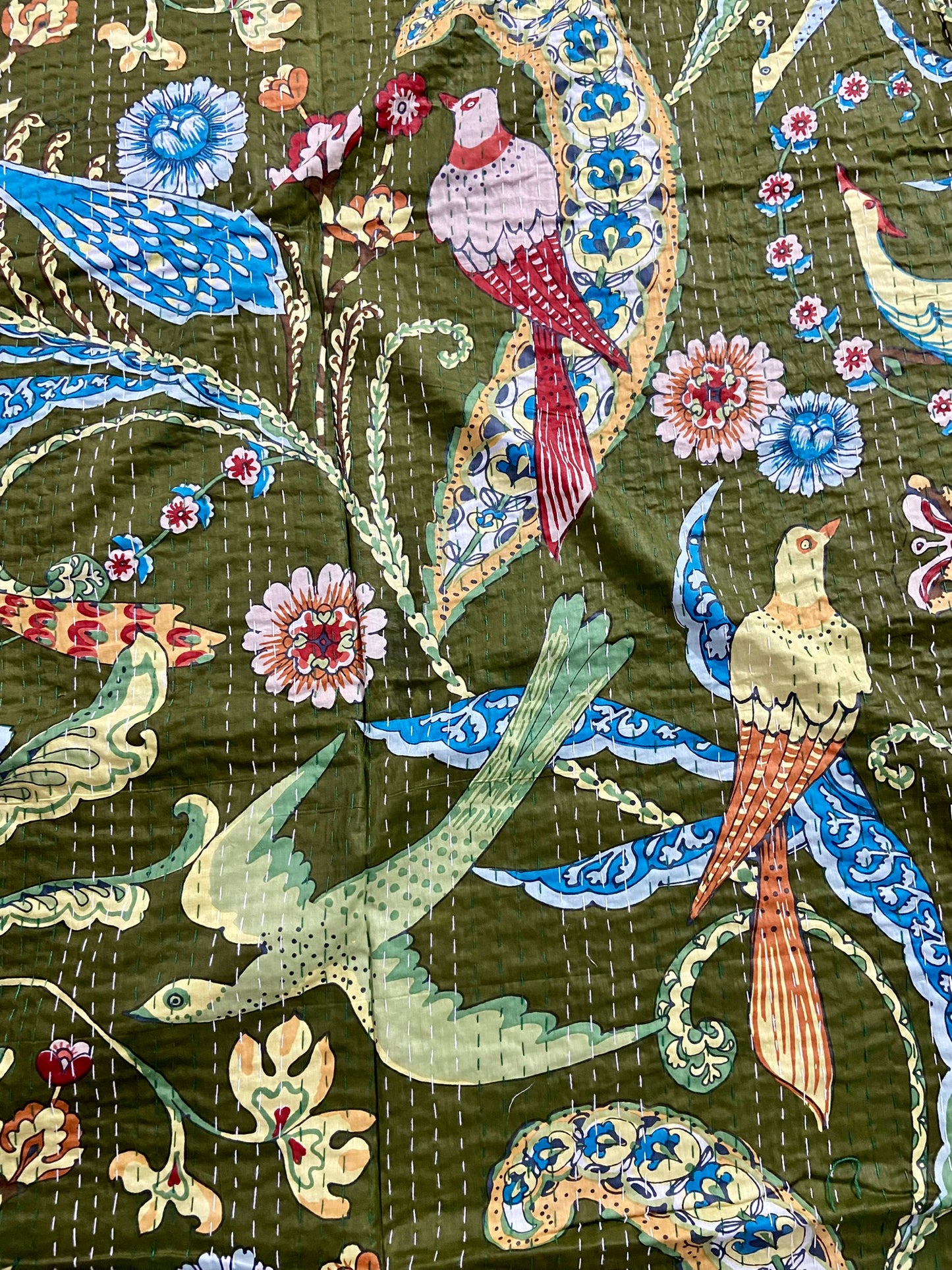 Henna Green Peacock Birds Kantha Bedcover