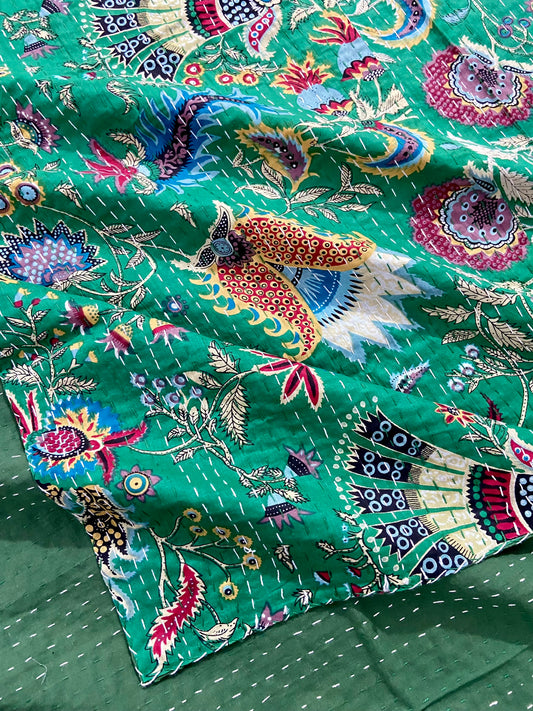 Wildflower Green Cotton Handmade Kantha Bedspread