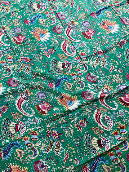 Wildflower Green Cotton Handmade Kantha Bedspread