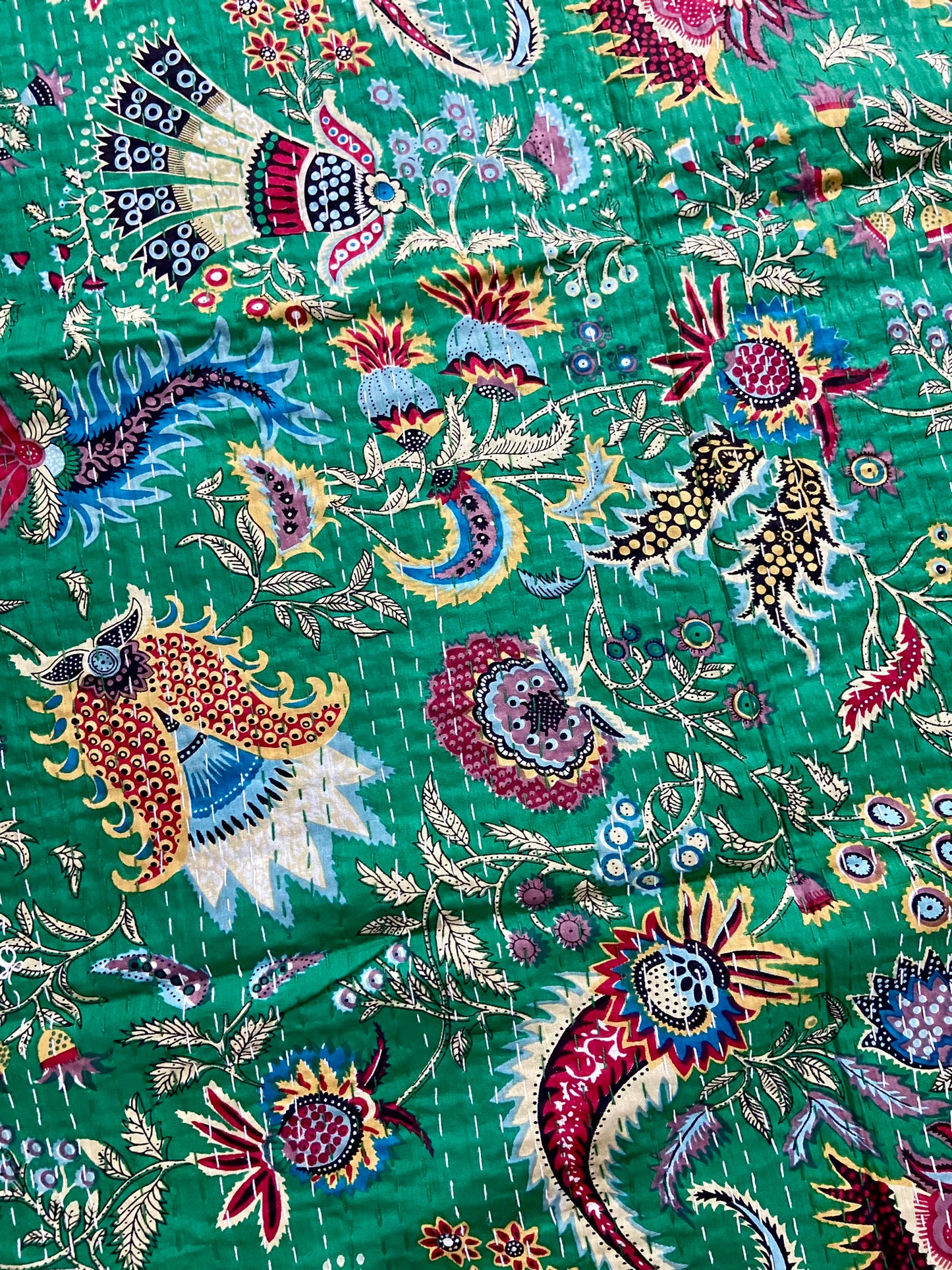 Wildflower Green Cotton Handmade Kantha Bedspread