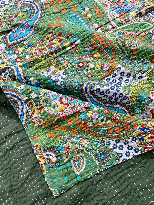 Paisley Indian Kantha Quilt - Green