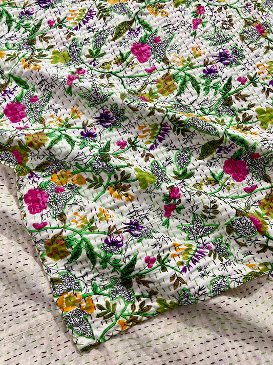 Handmade White Floral Kantha Quilt Bedspread Throw