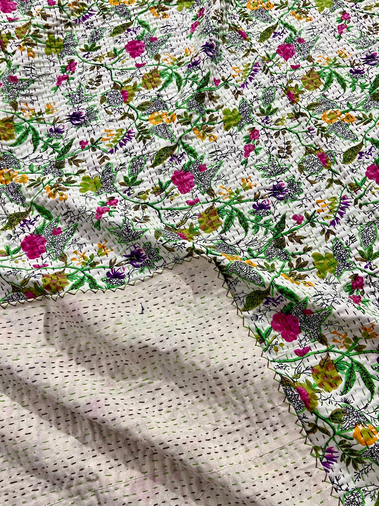 Handmade White Floral Kantha Quilt Bedspread Throw