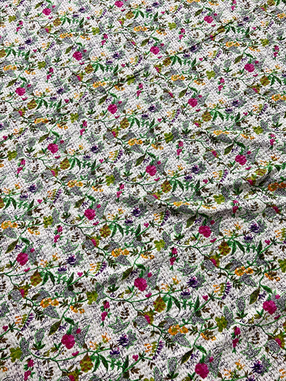 Handmade White Floral Kantha Quilt Bedspread Throw