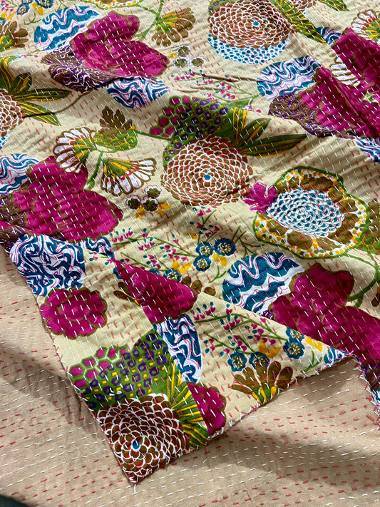 Beige Printed Cotton Kantha Quilt