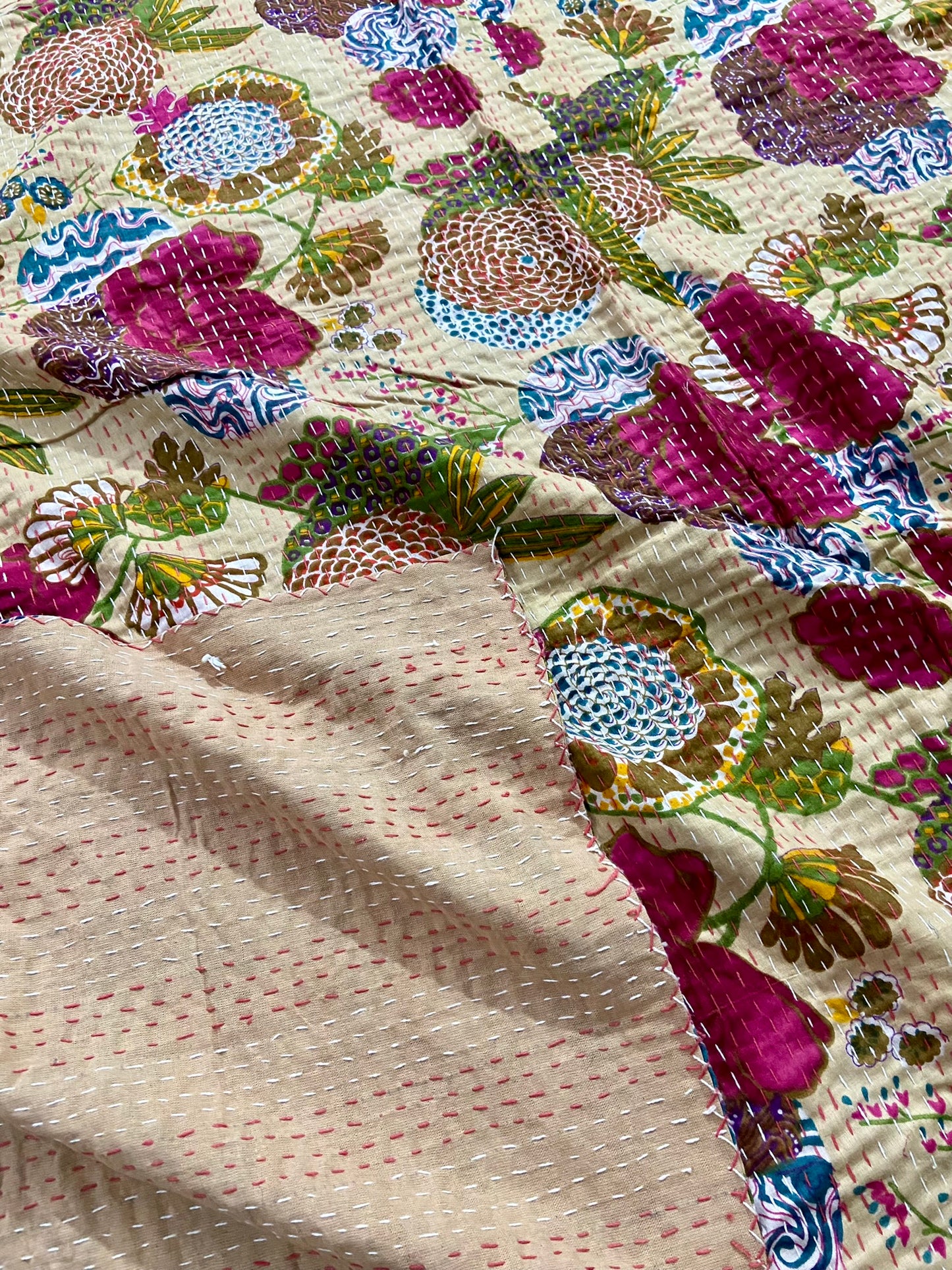 Beige Printed Cotton Kantha Quilt