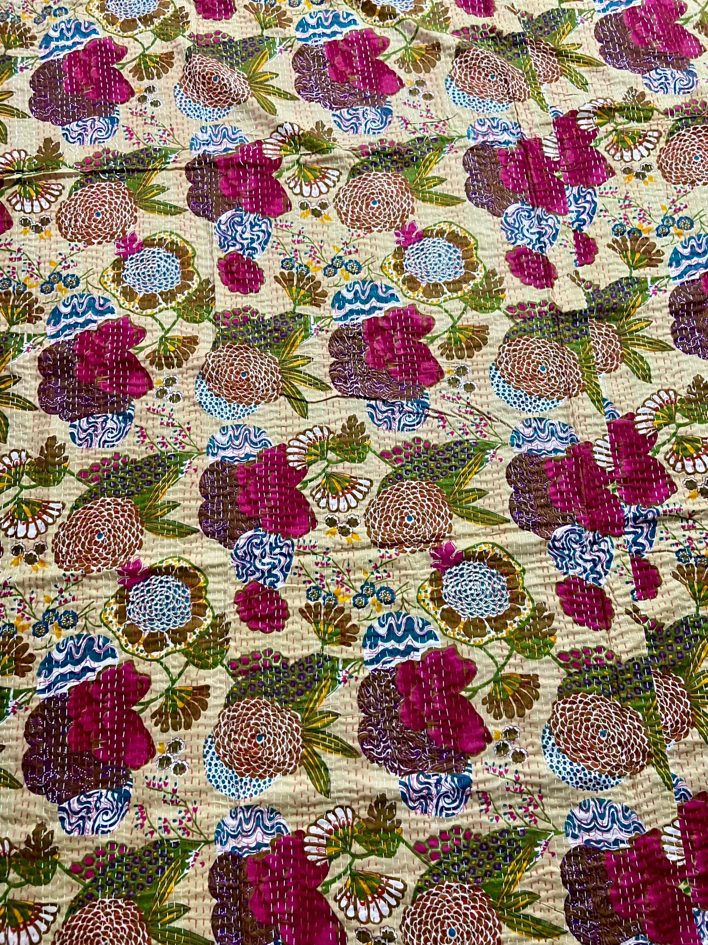 Beige Printed Cotton Kantha Quilt