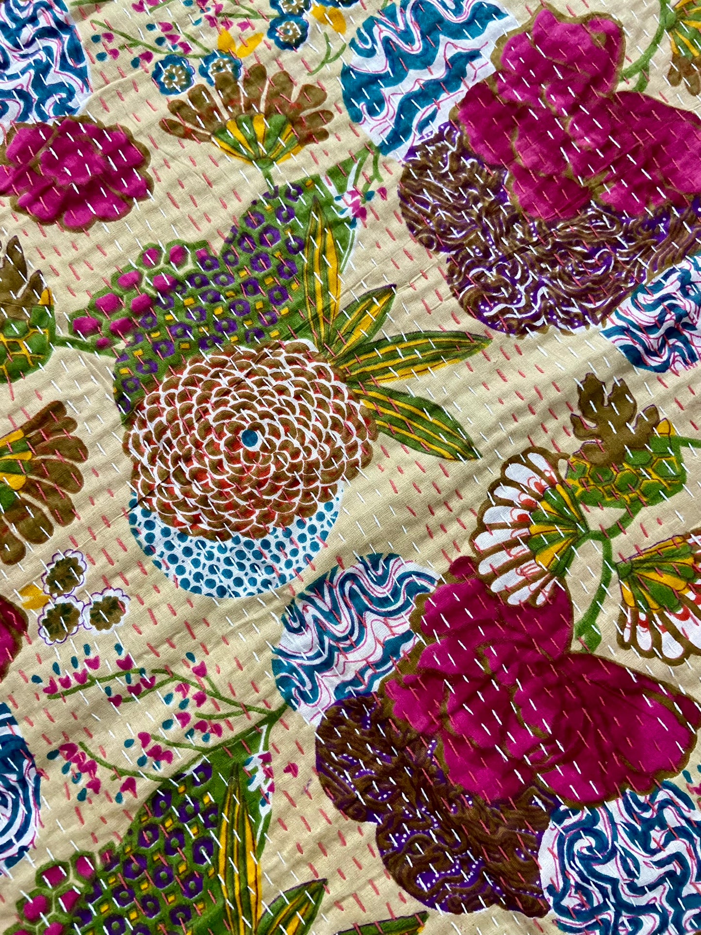 Beige Printed Cotton Kantha Quilt