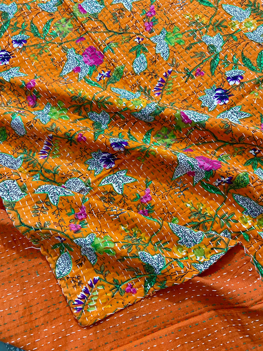 Orange Floral Handmade Cotton Kantha Quilt