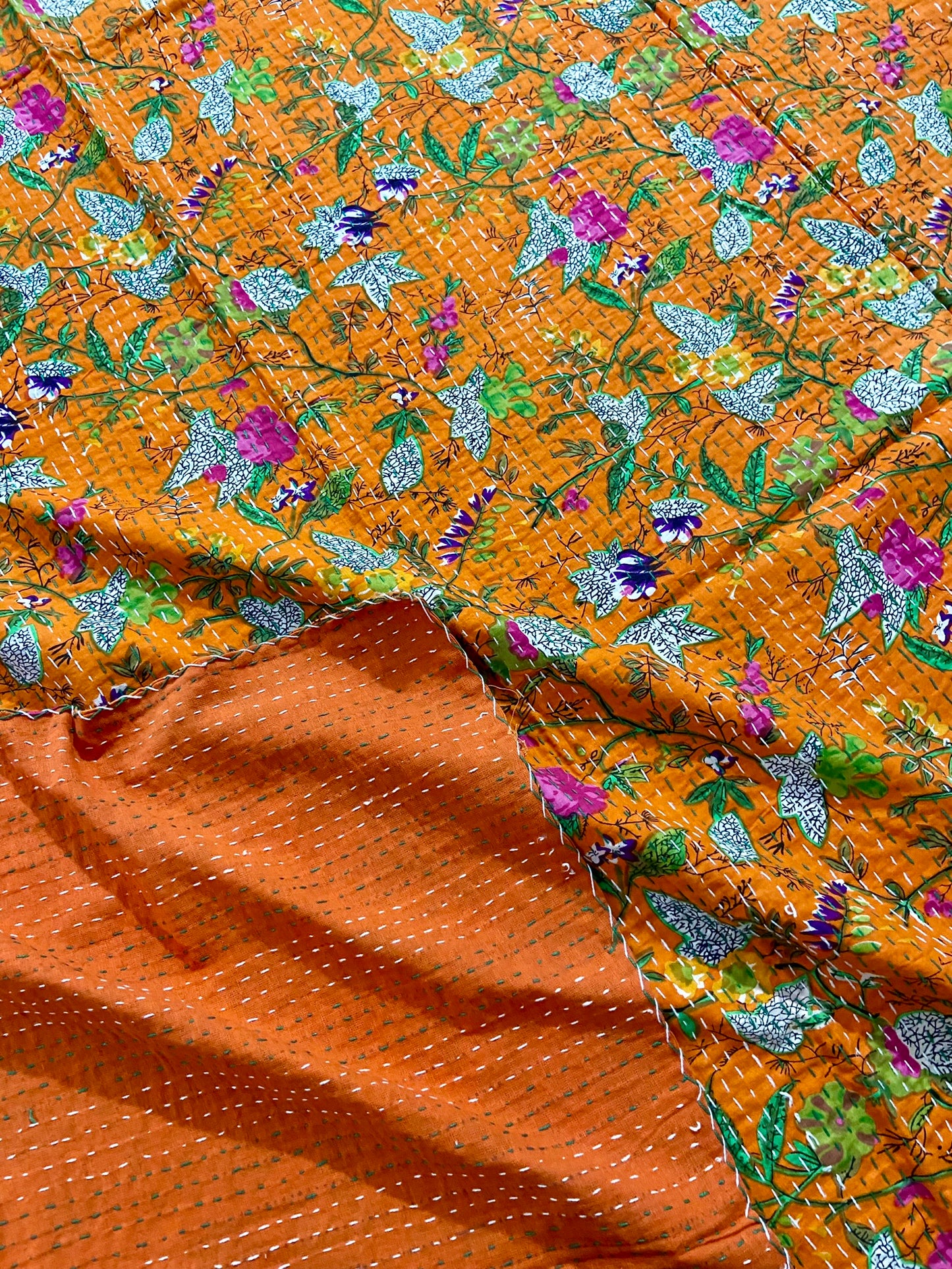 Orange Floral Handmade Cotton Kantha Quilt