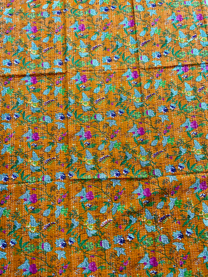 Orange Floral Handmade Cotton Kantha Quilt