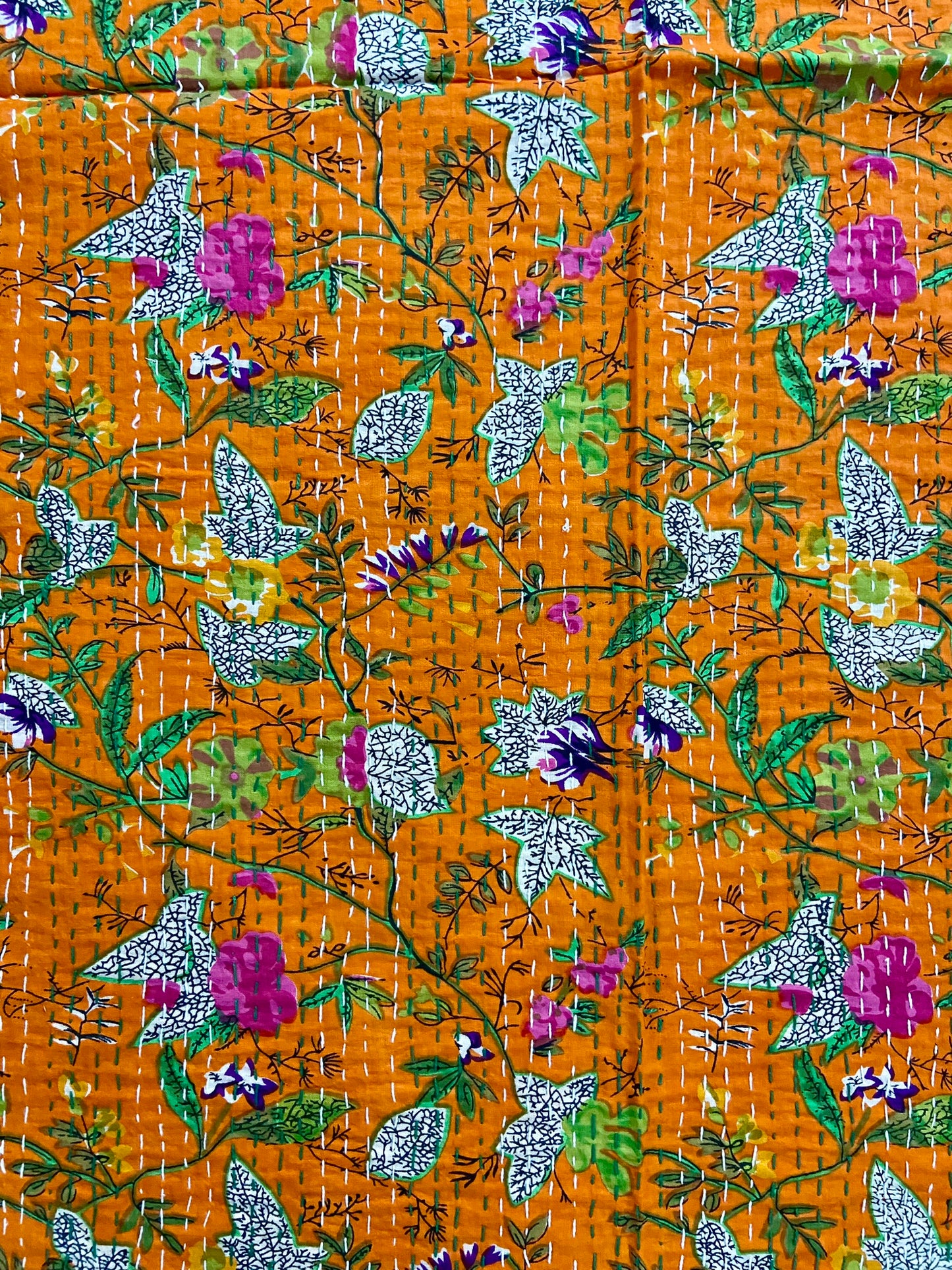 Orange Floral Handmade Cotton Kantha Quilt