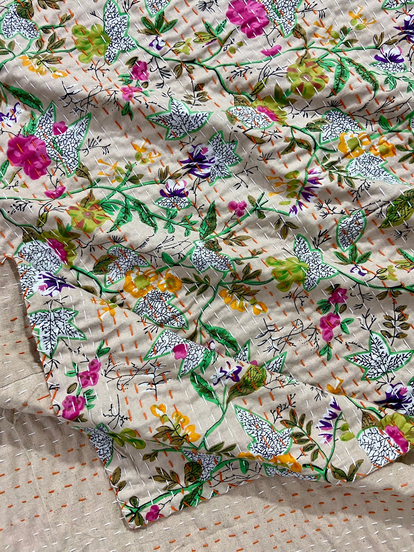 Beige Floral Handmade Cotton Kantha Quilt