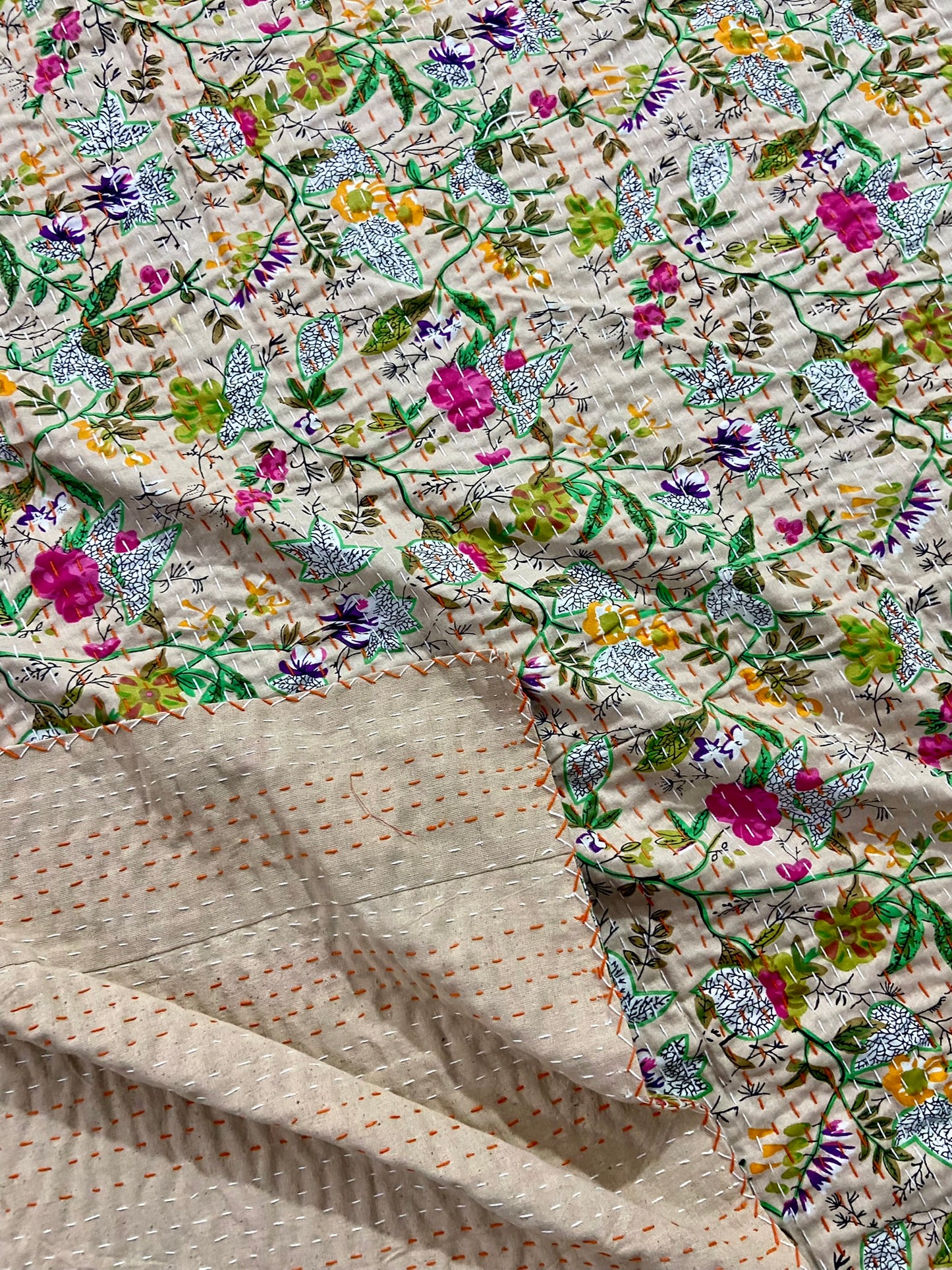 Beige Floral Handmade Cotton Kantha Quilt