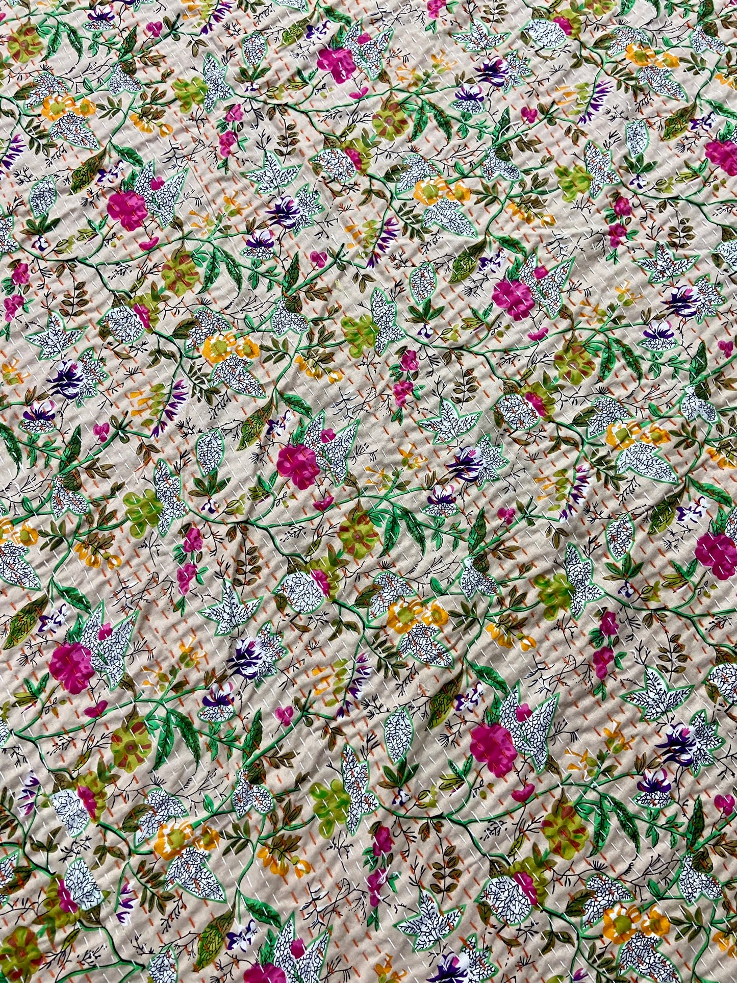 Beige Floral Handmade Cotton Kantha Quilt