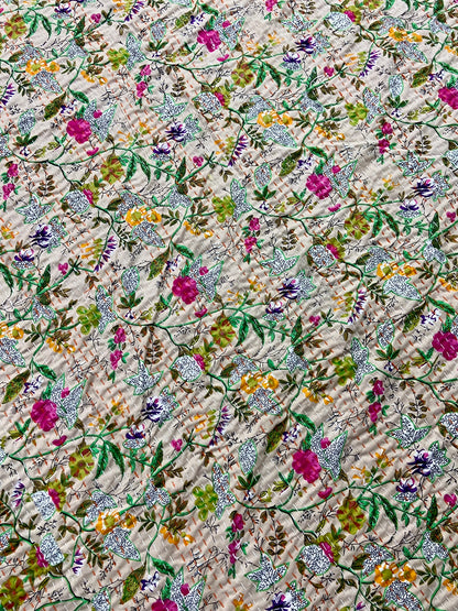 Beige Floral Handmade Cotton Kantha Quilt