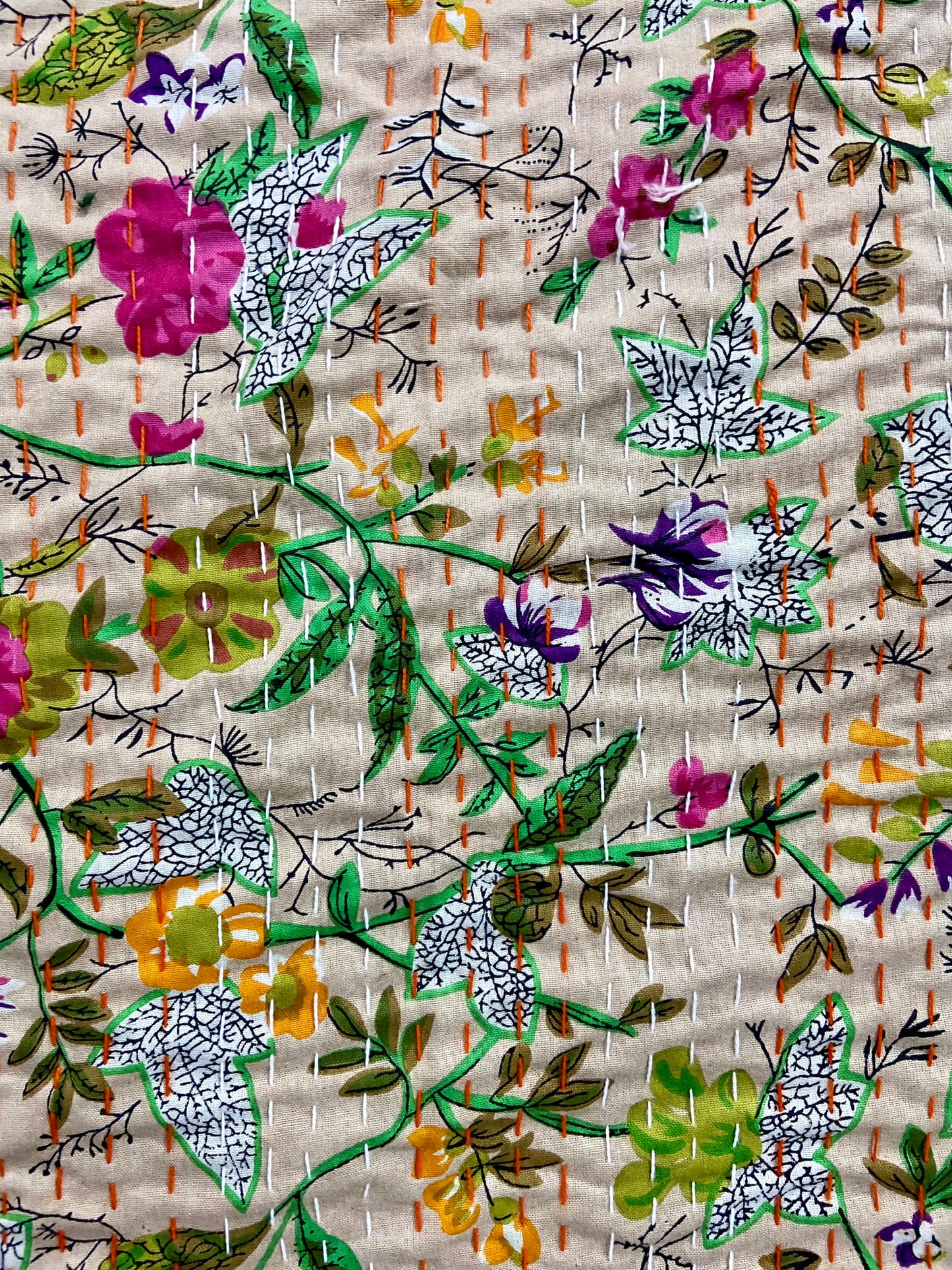 Beige Floral Handmade Cotton Kantha Quilt