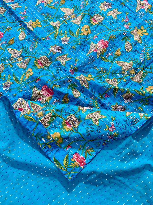 Turquoise Floral Kantha Quilt