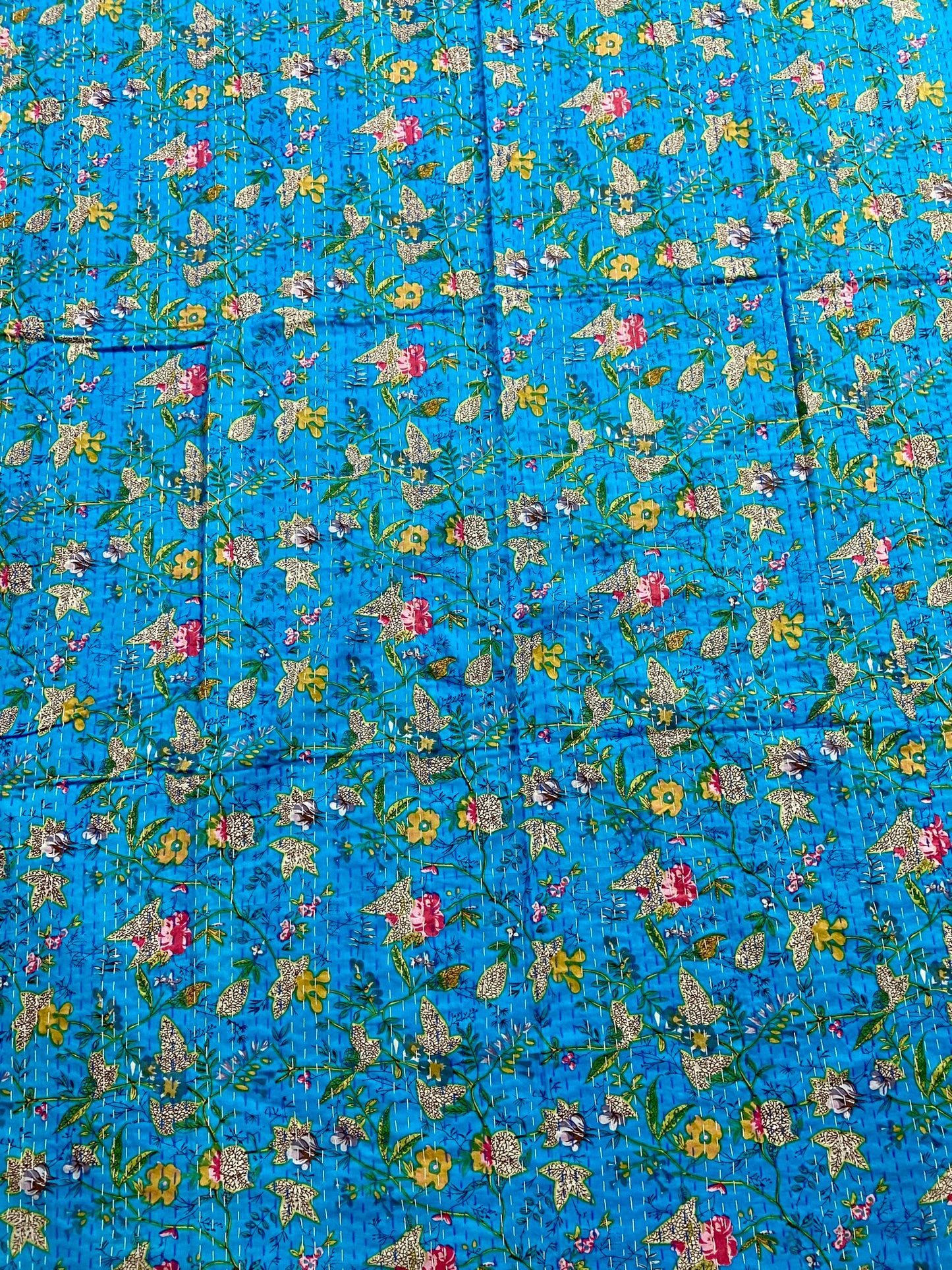 Turquoise Floral Kantha Quilt