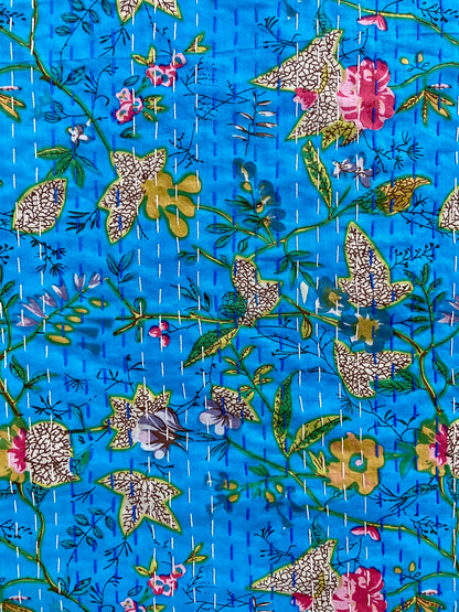 Turquoise Floral Kantha Quilt