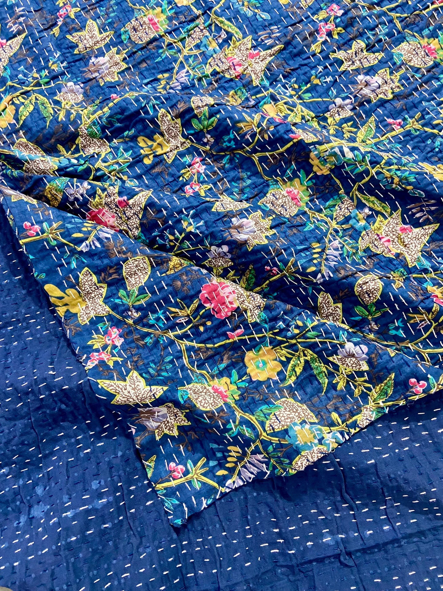 Navy Blue Paradise Floral Cotton Handmade Kantha Quilt